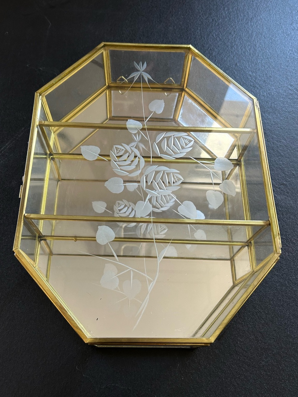 Vtg Brass Mirror Curio Glass Octagonal Etched Floral Collectible Wall Cabinet